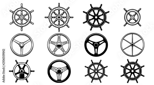 Set of diverse ship steering wheels and nautical helm icons in black and white outline style for maritime design and ocean themed graphics