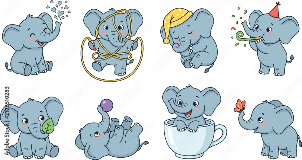 Fototapeta premium Cute Baby Elephant Daily Activity Cartoon Vector Set Featuring Bath Time Sleeping Playing Celebration and Adorable Lifestyle Illustrations