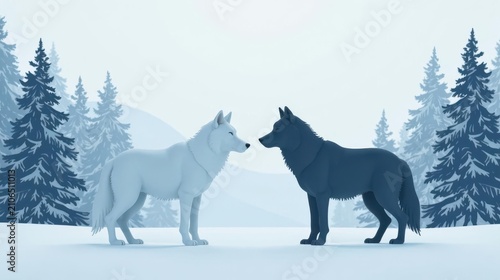 A Serene Winter Encounter Two Wolves, One White, One Dark, Stand in a Snow-Covered Forest, Gazing at Each Other in a Peaceful Moment of Silent Observation