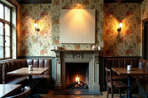 Cozy Corner Fireplace and Floral Wallpaper in a Traditional Pub Setting