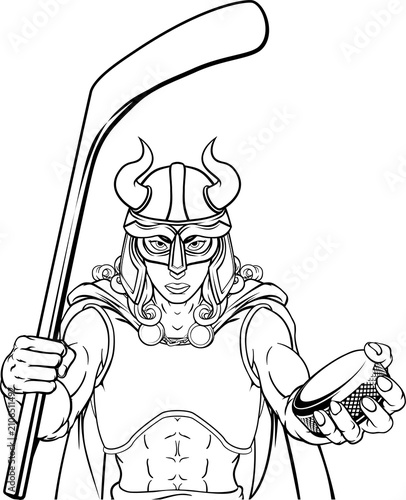 Canvas Print A female viking woman ice hockey sports team cartoon mascot