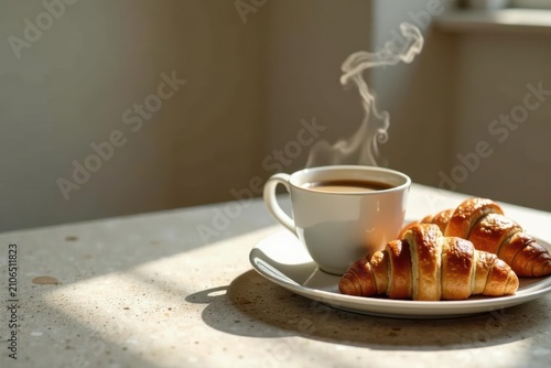 Aromatic Coffee and Flaky Croissants on a Sunny Morning Table