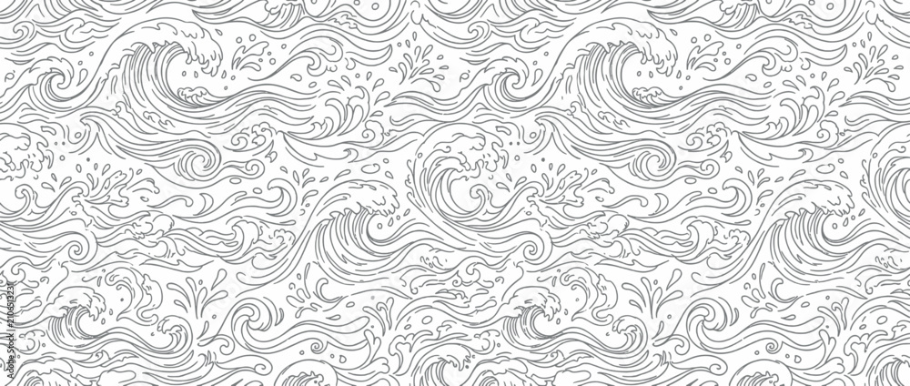 Fototapeta premium Seamless Stylized Ocean Waves Pattern Line Art