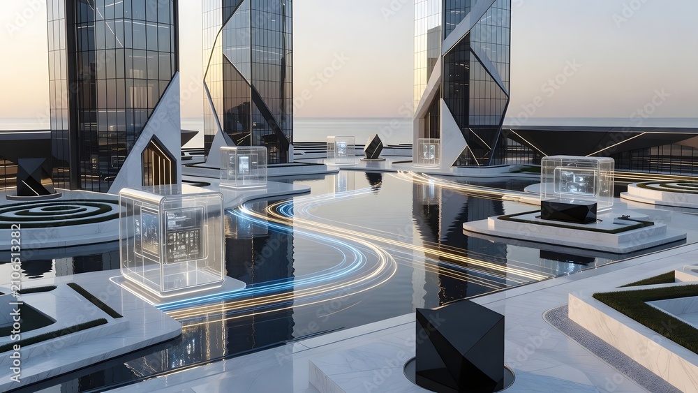 Fototapeta premium Futuristic cityscape with sleek modern architecture and reflective water features at sunset