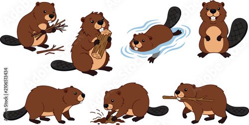 Foto Cute cartoon beaver character activities set featuring wild rodent swimming buil
