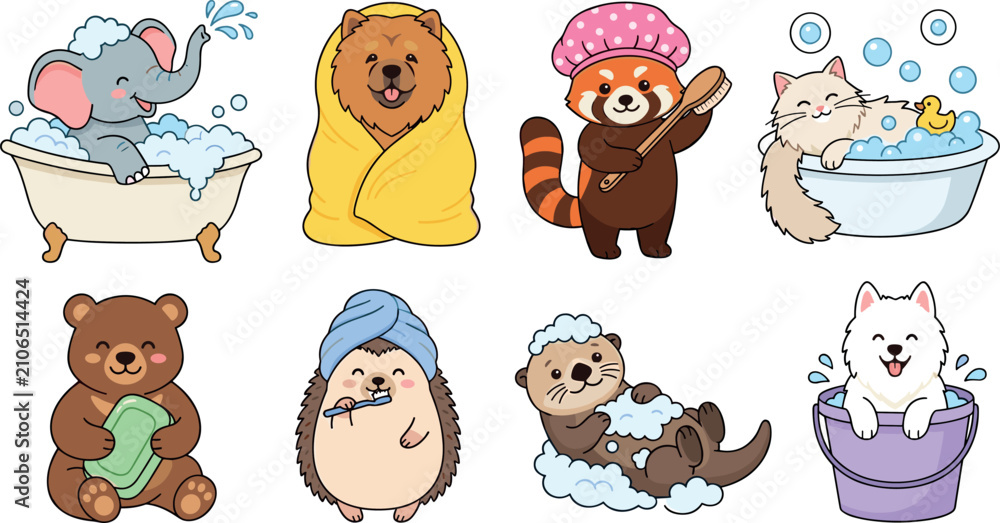Obraz premium Cute Animal Bath Time Cartoon Vector Set Featuring Elephant Lion Red Panda Cat Bear Hedgehog Otter and Dog Hygiene Activities