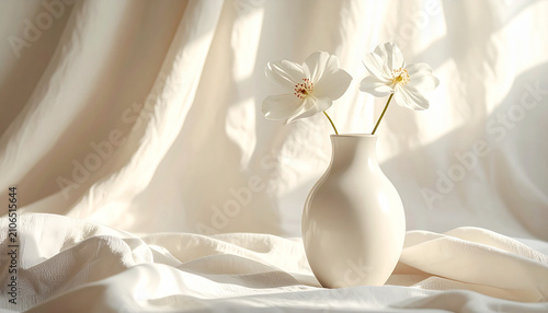 Delicate white flowers in a simple vase with soft light and fabric background