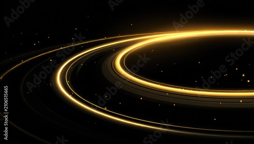 Illuminated orbital rings on a black background, with golden light trails and sparkling particles