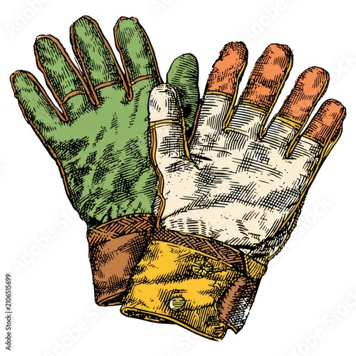 Illustration showcases two work gloves. One is green with brown cuffs, the other is white with tan fingertips and yellow cuffs