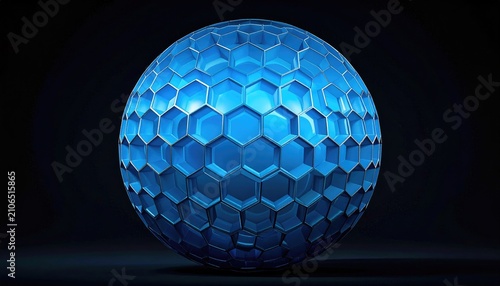 Blue sphere covered in a pattern of dark-edged hexagons, resting on a shadowed dark surface