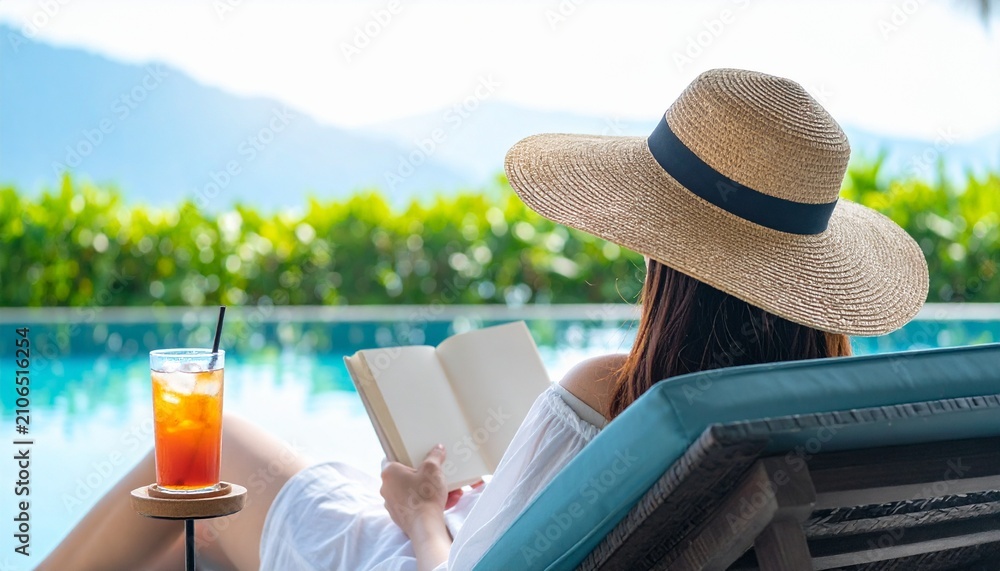 Fototapeta premium Woman reading on a sun lounger. Cheerful lady relaxing by the pool with a summer cocktail.