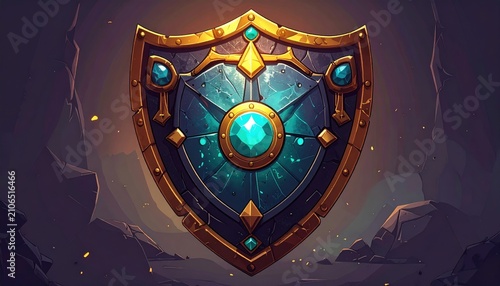 Ornate teal shield with golden trim and gems against a rocky backdrop, stylized and illuminated