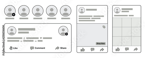 Social media interface mockup elements with profile avatars and post layout templates featuring interaction buttons vector illustration