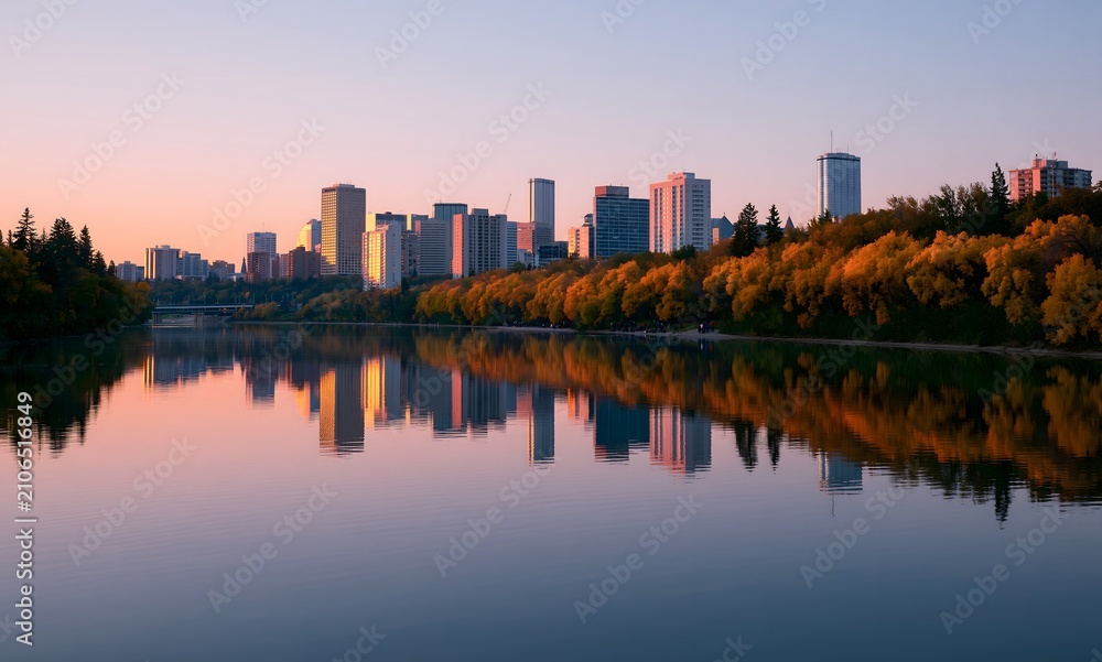 Fototapeta premium skyline reflected in calm water at sunset