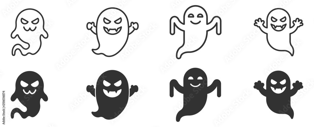 Obraz premium set of eight ghost icons outline and filled styles halloween digital design on transparent background