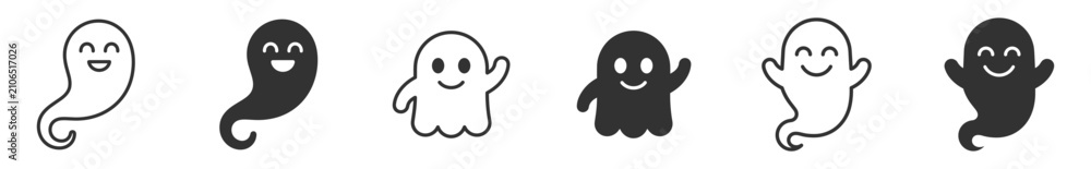 Fototapeta premium happy ghost icons vector set in outline and solid styles for Halloween design and decoration on transparent background