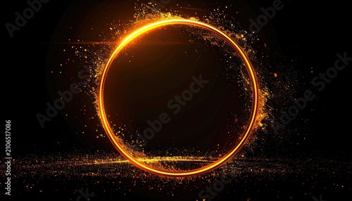 Glowing golden ring surrounded by sparkling dust against dark backdrop, cosmic, ethereal and captivating