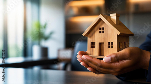 African american real estate agents gives house model to customers and presenting home loans after contract to rental house with approved property application insurance, free text space