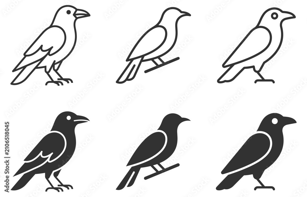 Obraz premium vector crow icon set with line and solid styles on transparent background