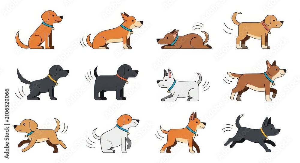 Obraz premium Set of Cute Cartoon Dogs in Various Poses and Breeds Vector Illustration Isolated on White Background for Pet Care and Design