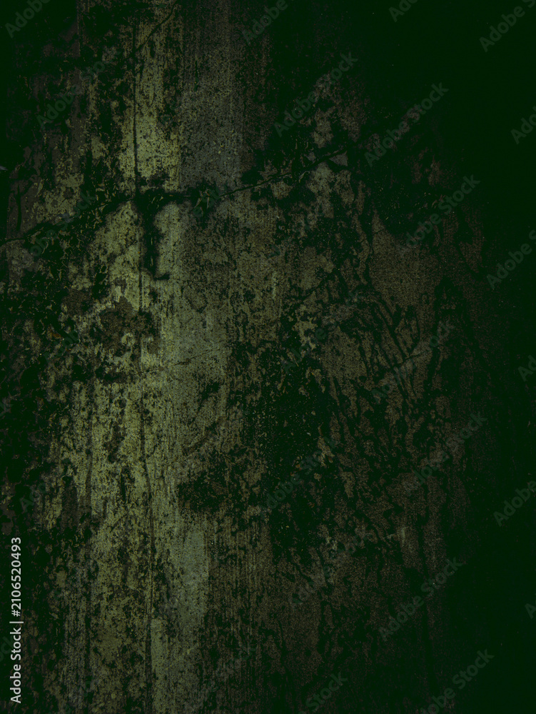 Fototapeta premium Dark Green Grungy Wall Texture with Moss and Weathered Stains, Abstract Background