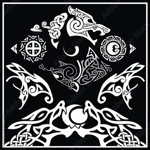 Quadro em tela Symmetrical Viking wolf knotwork with Norse interlace ornament, black and white