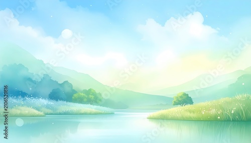 Serene, idyllic lakeside scene with soft blue sky, lush green hills, and calm water reflecting the sky