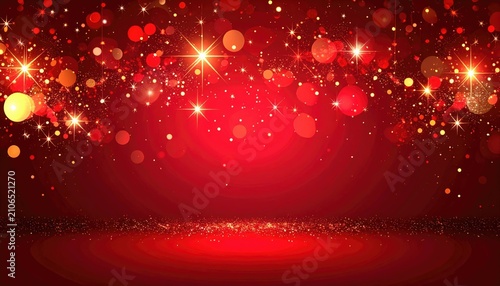 Sparkling bokeh lights illuminate a red background with a ground-level glitter effect