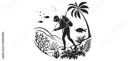 Quadro su tela Scuba Diver Exploring Tropical Coral Reef with Fish and Palm Tree Silhouette Vec