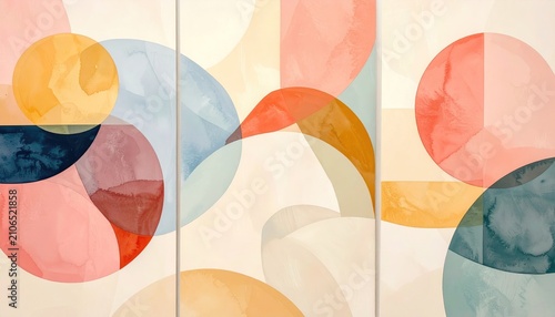 Triptych of overlapping watercolor circles in blue, orange, peach, and cream hues creates an abstract modern design