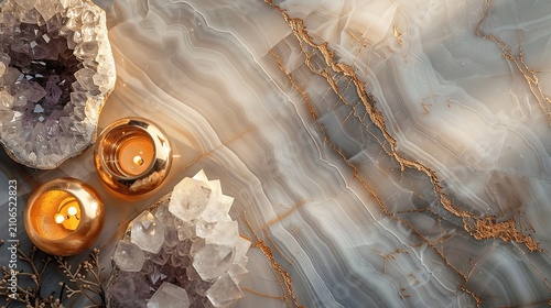 Elegant Marble Surface with Crystals and Golden Accents