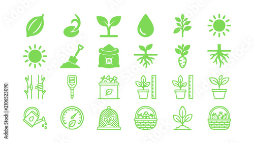 Bild auf Leinwand Comprehensive icon set featuring plants, leaves, flowers, gardening, farming, and sustainable cultivation