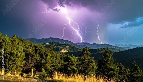 A dramatic nighttime landscape displays a towering lightning storm over a forested mountain range. Purple sky