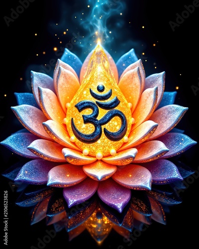 Vibrant Lotus Flower with Om Symbol in Glowing Light Design