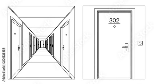 Hotel corridor and room door black and white line drawing silhouette