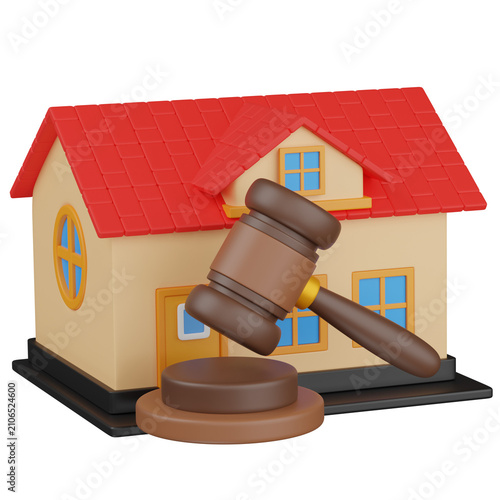 3D render House with Gavel for House Auction or lawsuit solated icon 