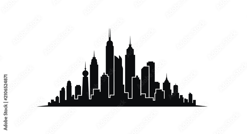 Fototapeta premium Cityscape Silhouette Against White Background Modern Architectural Design Silhouette
