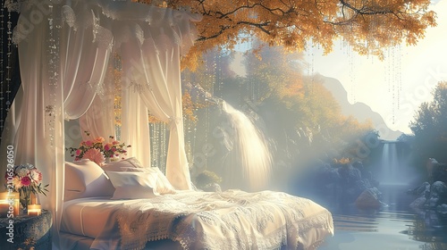 Serene Dreamy Bedroom Overlooking Tranquil Waterfall and Nature