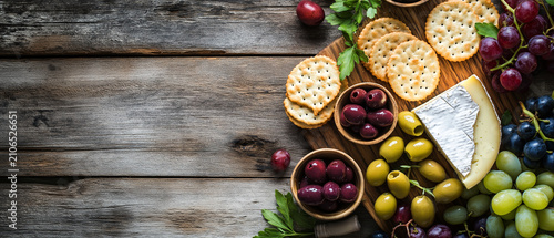 Artisan cheese board with olives and grapes arranged on a wooden table ready for sharing during a gathering