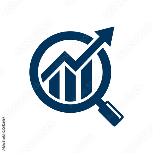 Magnifying glass with growing graph.