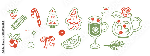 Foto Hand-drawn Christmas garnish clipart set with mulled wine, holly, candy cane, ci