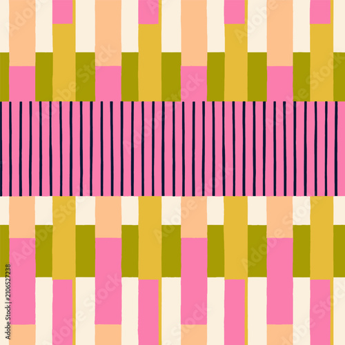 Abstract geometric blocks, stripes, lines, seamless pattern. Colorful bands i...