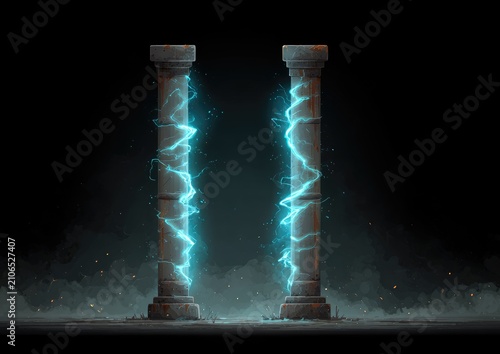 Two weathered stone columns emanate bright blue energy, illuminating the darkness around them. Fog and specks of light add to the atmosphere