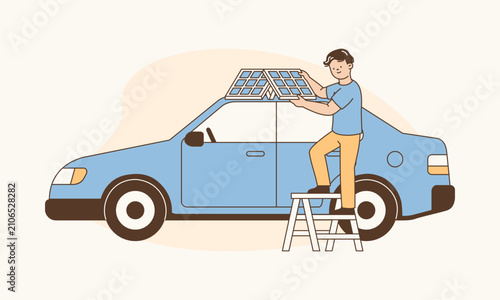 Young Man Standing on Stepladder Installing Solar Panels on Car Roof to Use Clean Energy Vector