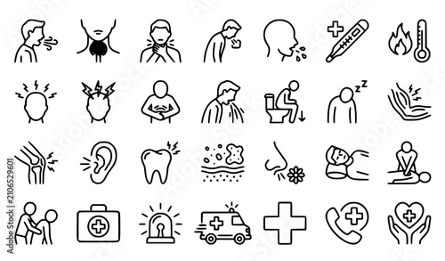 Professional Medical Symptom and Emergency First Aid Outline Icons Vector Collection