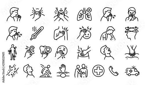 Schilderij op canvas Linear Health Symptoms and Emergency First Aid Medical Icons Set Outline Vector