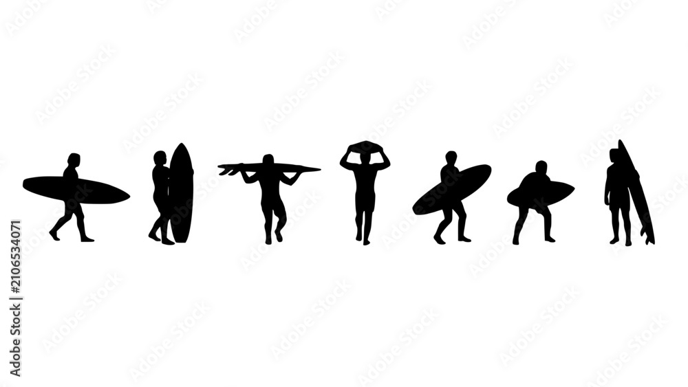 Fototapeta premium Human Silhouettes Set of Seven Dancing and Standing Figures in Bold Minimal Poster Style Featuring Silhouette, Figure, People