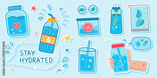 Slika na platnu Water bottles and glasses colorful vector illustrations with fruit slices