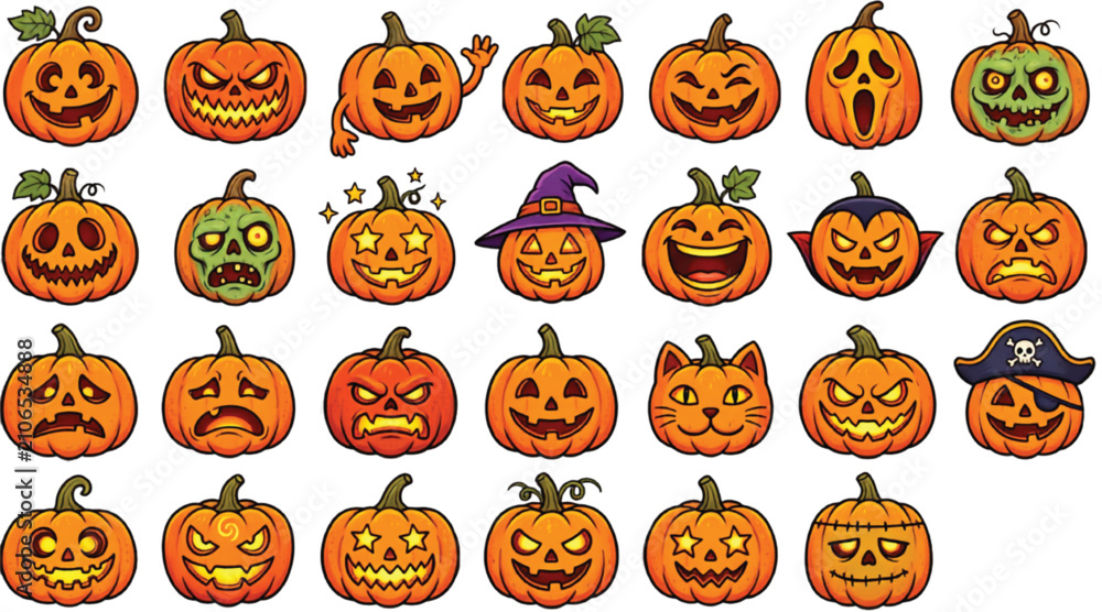 Obraz premium Jack-o'-Lantern Expressions Set Halloween Vector Character Collection Isolated on Transparent Background