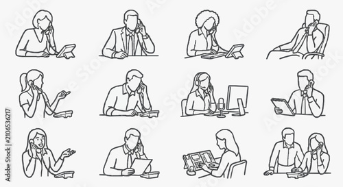 Elegant Black and White Line Drawing Illustrations of Professional Business Communication and Remote Work Scenarios
